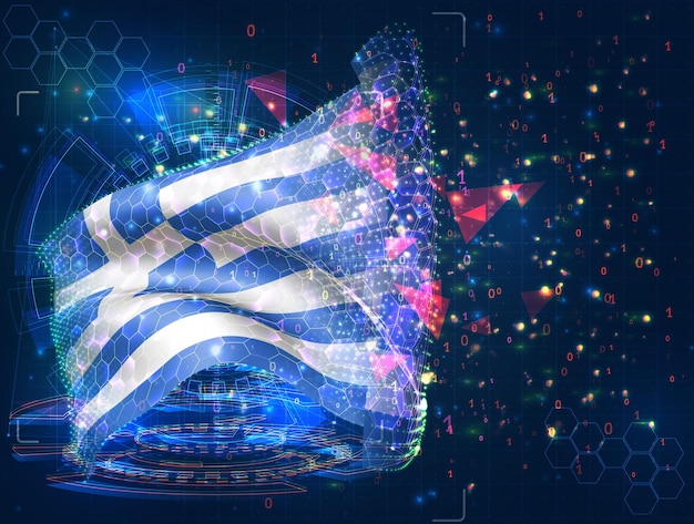 Greece vector flag virtual abstract 3D object from triangular polygons on a blue background