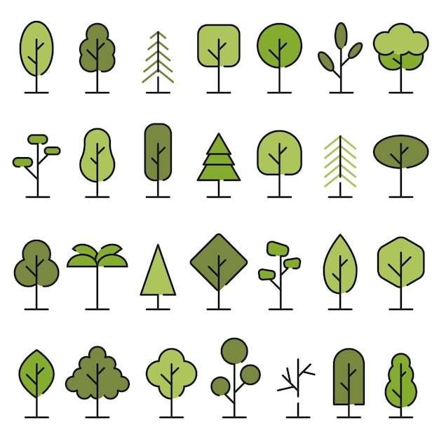 Green trees with dark strokes A collection of tree illustrations Wood for every taste