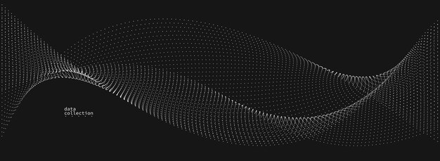 grey dots in motion vector abstract background over black particles array wavy flow curve lines of points in movement technology and science illustration