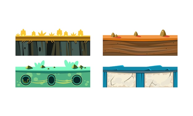Ground platforms for mobile game user interface set fantasy textures element for mobile or computer games vector Illustration isolated on a white background