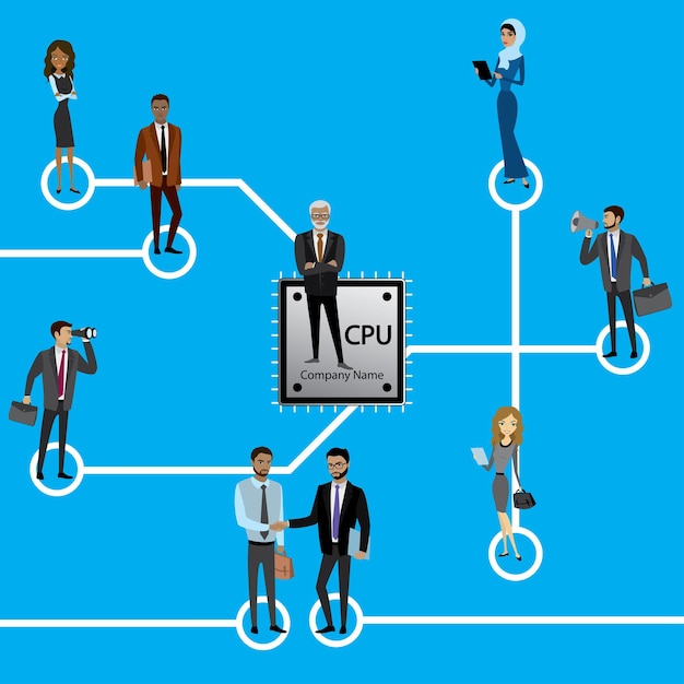 Group of business persons standing on Microchip and Circuit board Cpu Microprocessor