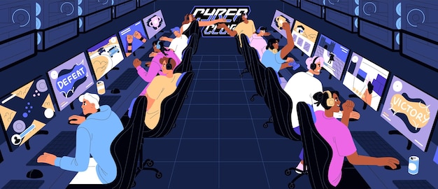 Group of gamers plays video games in cybersport club Videogame players have fun at computer People spend leisure time in room for cyber events online championship matches Flat vector illustration