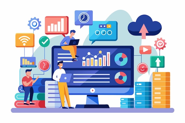Group of individuals studying data on a large screen displaying various graphs and statistics social media data center smm stats digital marketing research market trends analysis