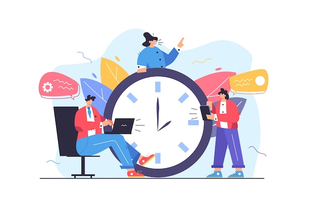 group of workers working on time with data big clock deadline isolated on white background flat  illustration