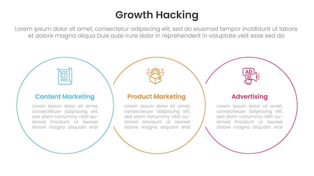 growth hacking infographic 3 point with big circle outline union horizontal for slide presentation