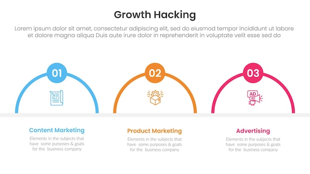 growth hacking infographic 3 point with half circle shape outline for slide presentation
