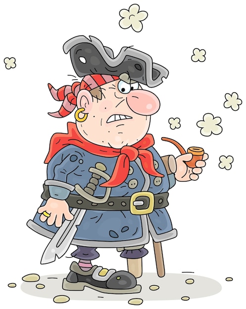 Grumpy onelegged pirate with a cocked hat and a wooden crutch smoking his old tobaccopipe