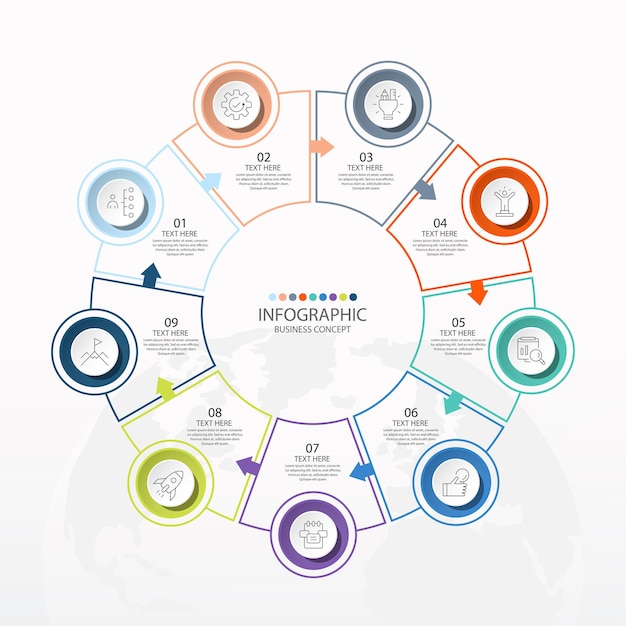 Grunnleggende sirkelinfografikkmall med 9 trinn, prosess eller alternativer, prosessdiagram