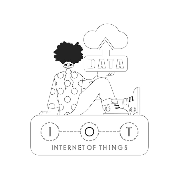Guy displaying logo of cloud storage for IoT in linear vector illustration