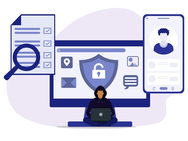 hacker in hood using laptop to hacking someones account social media