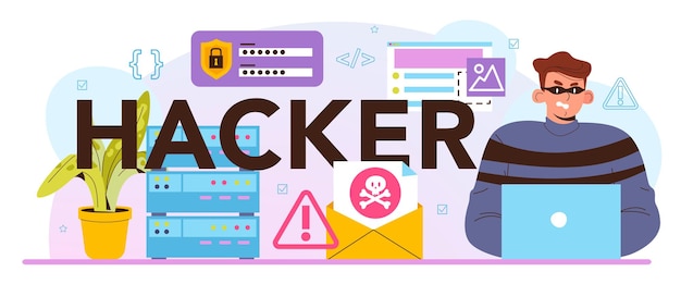 hacker typographic header. cyber attack, thief stealing personal data