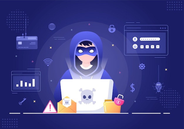 Hacker Using Computer Server to Activity Hacked Database Background Vector Illustration
