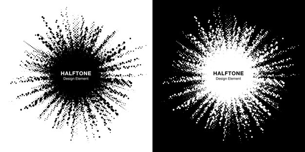 halftone star frame set. grunge spot border using halftone circle dots raster texture. boom shape. explosion template.