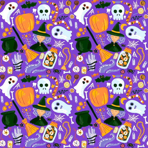 Halloween Sketch Purple Seamless Pattern