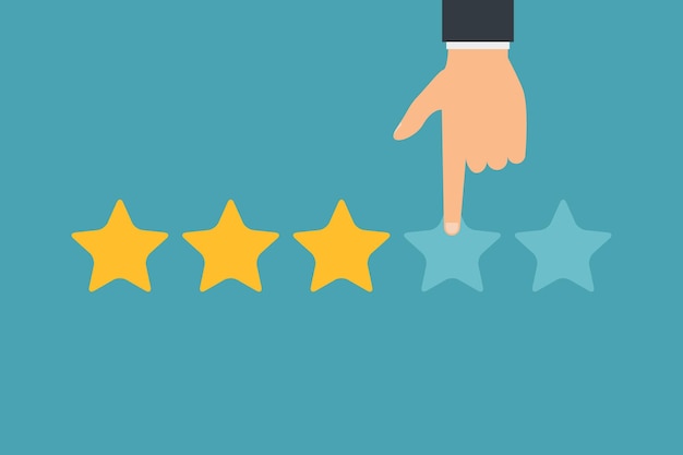 Hand and five stars customer rating. Business success five stars rating feedback ranking opinion.