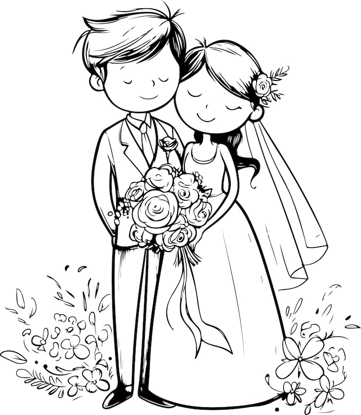 Vektor hand drawing illustration of a couple on their wedding day
