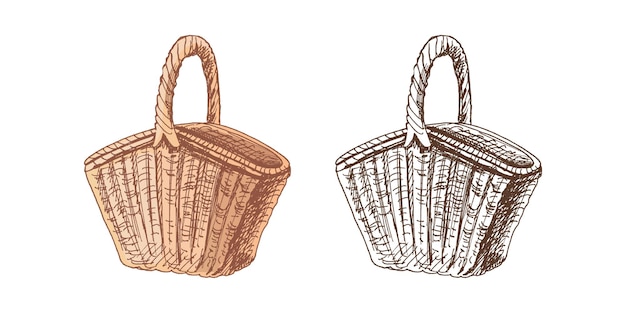 hand drawn colored and monochrome vector sketch of a wicker picnic basket