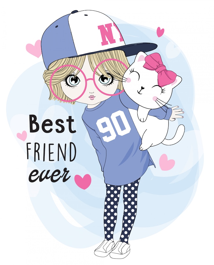 Vektor hand drawn cute girl with cat