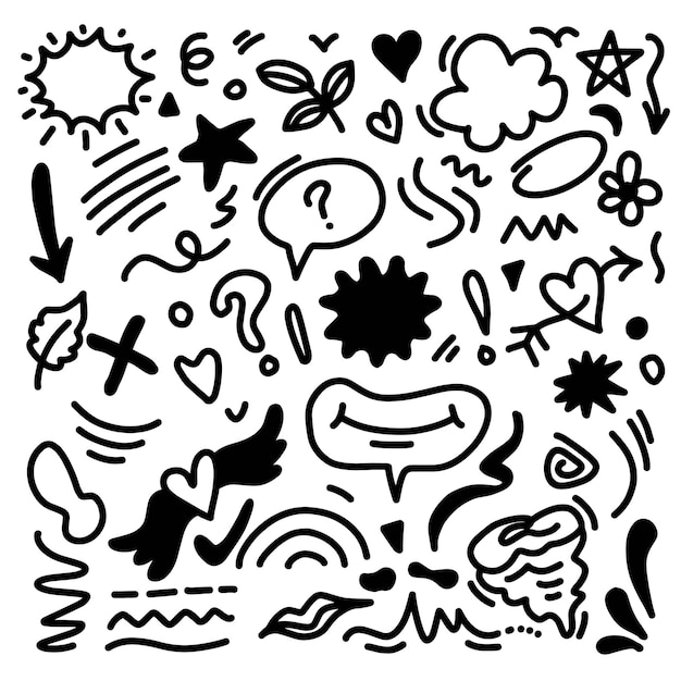 Hand drawn doodle design elements flower Arrow heart leaves sun cloud and other