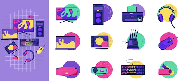 Hand drawn flat computer accessories icons with illustration set