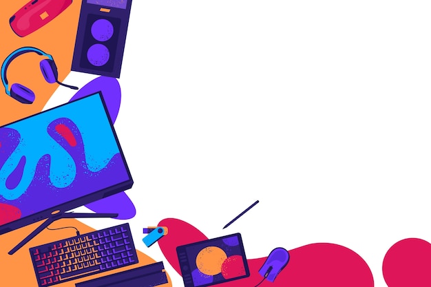 Hand drawn flat computing background with computer accessories