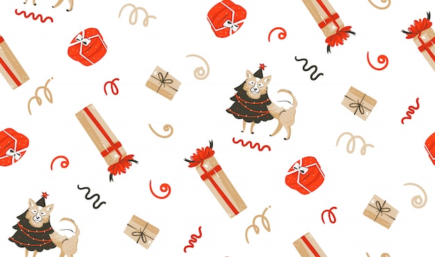 Hand drawn   fun Merry Christmas time coon illustration seamless pattern with pet dog in holidays costume and xmas surprise gift boxes  on white background
