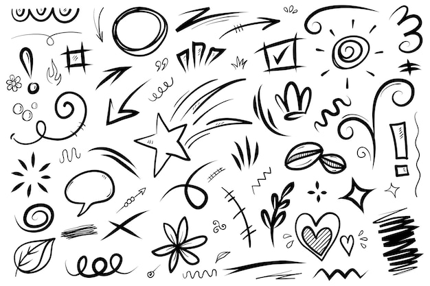 hand drawn set elements abstract arrows ribbons hearts stars crowns and other elements in a hand drawn style for concept designs scribble illustration vector illustration