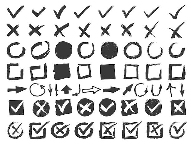 hand drawn signs doodle black check marks crosses and arrows monochrome handwritten squares and circles tick isolated symbols empty and filled boxes vector silhouette icons set