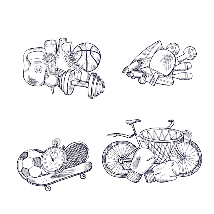 Vektor hand drawn sports equipment piles set. 