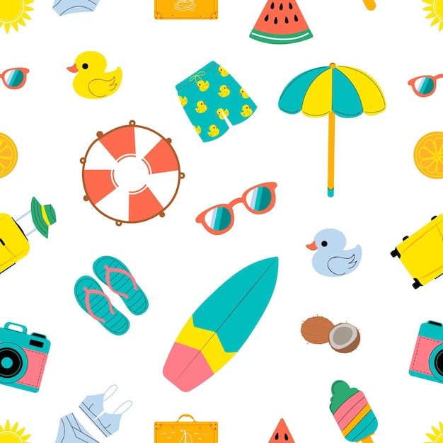 Hand drawn summer pattern with coconut camera suitcase ice cream swimsuit seamless pattern for fabri