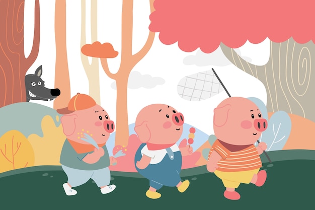 hand drawn the three little pigs illustration