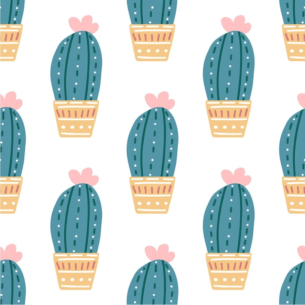 Hand drawn vector seamless pattern of cactus in colorful ceramic pot