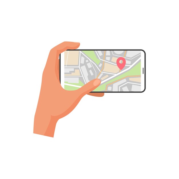 hand holding mobile phone with with location pin on city map person using navigation app
