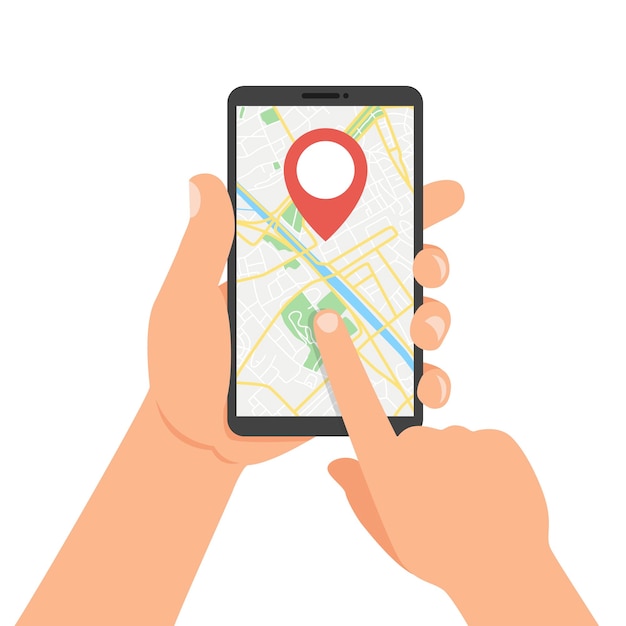 Hand holds smartphone with city map gps navigator on smartphone screen Mobile navigation concept Vector Illustration