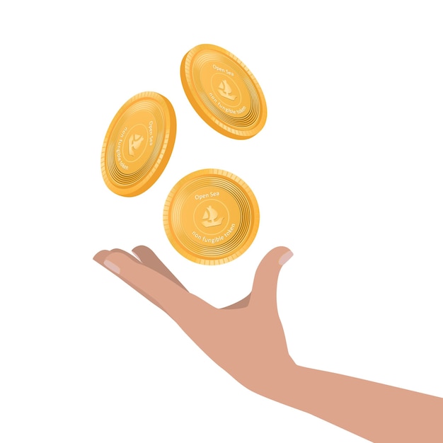 Hand tossing Opensea gold coins NFT development A platform for the sale of NFT art Marketplace for nonfungible tokens Icon
