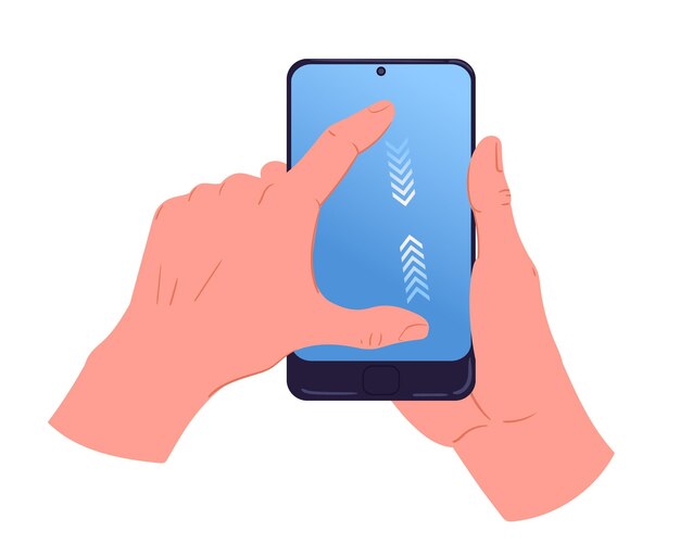 Hand touch smartphone screen Cartoon hands holding cell phone mobile phone in hands flat cartoon vector illustration