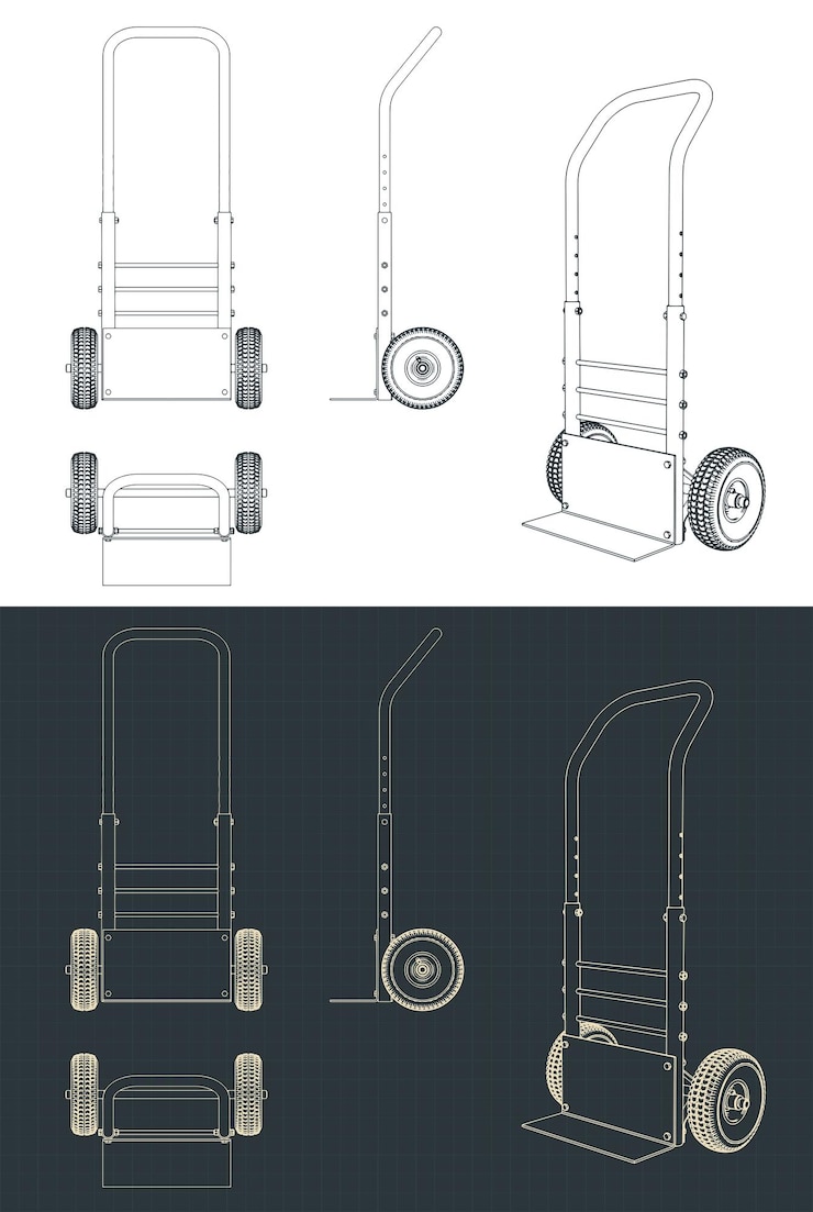 Vektor hand trolley with rubber wheels blueprints
