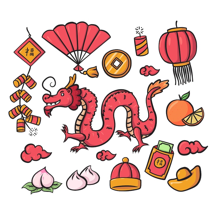 Vektor handdrawn doodle illustration of chinese new year 2024 year of dragon with other element object icons