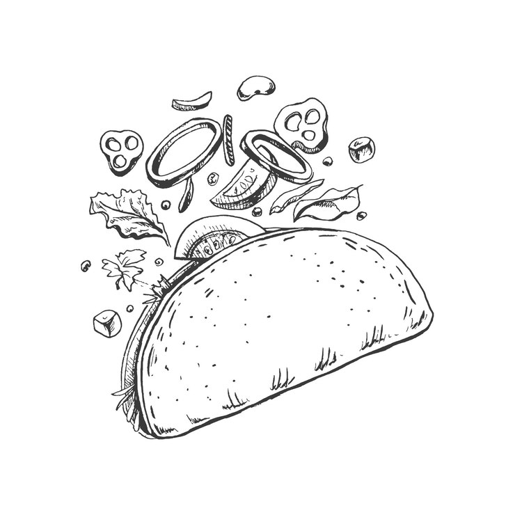 Vektor handdrawn sketch of taco on white background flying ingredients onion rings tomato