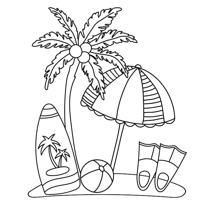 Vektor handdrawn vector coloring page features a summer theme with a small island palm tree sun umbrella