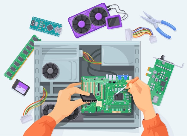 Hands assembling computer PC warranty repair service or parts building motherboard semiconductor fixing pcb engineering troubleshooting
