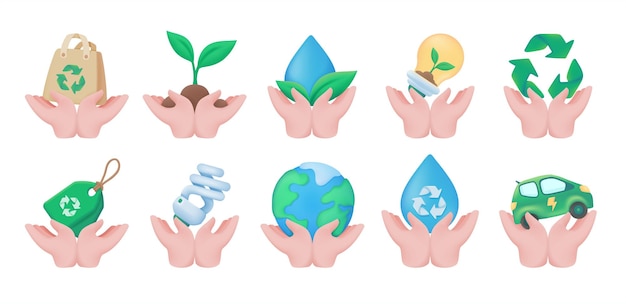 Hands holding natural materials environmental conservation concept 3D vector illustration