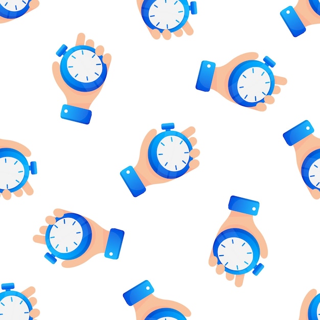Hands holding stopwatch in seamless pattern representing time management deadline and countdown