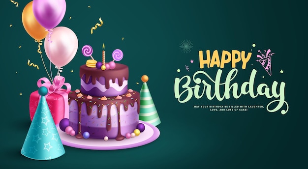 Happy birthday greeting vector design Birthday cake blueberry flavor party hat balloons and gift