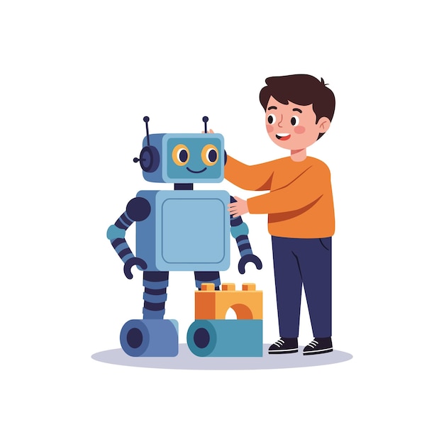 Happy child interacting with friendly robot in minimal flat design vector illustration