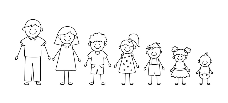 Vektor happy doodle stick mans family set of hand drawn figure of family mother father and kids vector