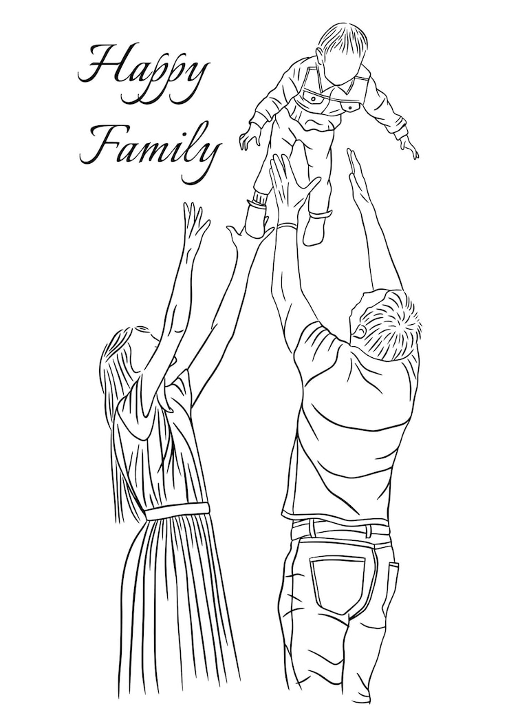 Vektor happy family line art style with mom, dad and son hand drawn illustrated