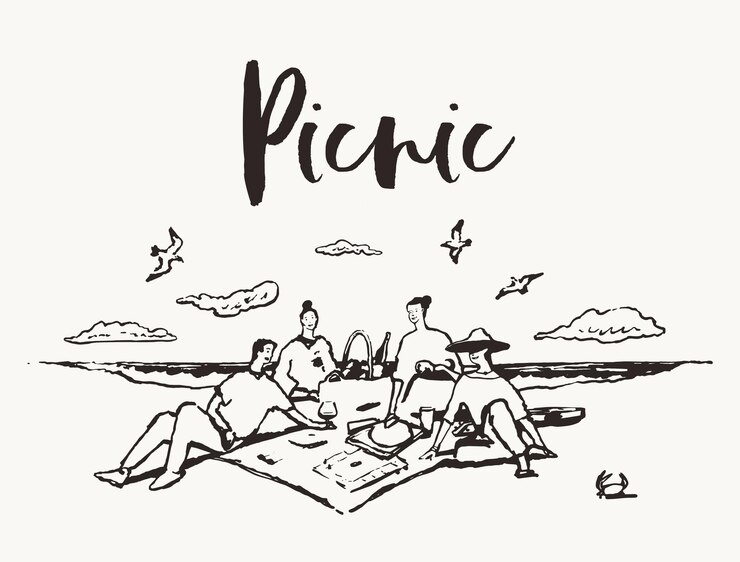 Vektor happy friends are sitting on the rug on the beach. picnic by the sea