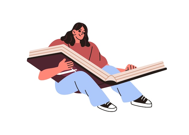 happy girl sits holds open paper book young woman reads novels fiction stories concept of magic literature tiny people with big storybook flat isolated vector illustration on white background
