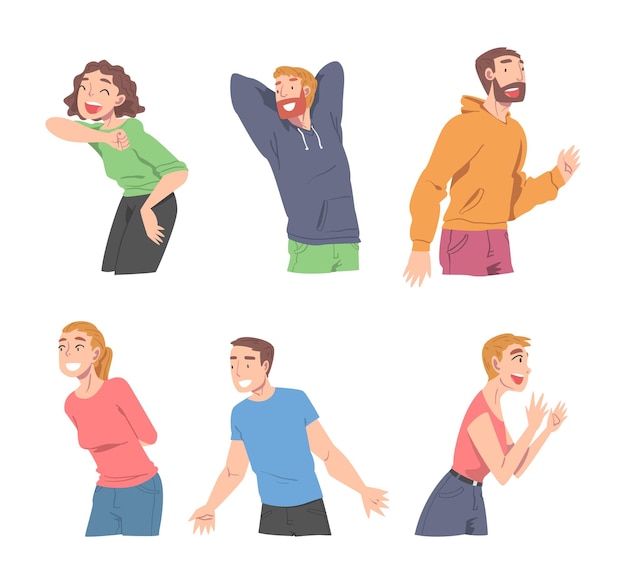 Happy Male and Female Character Smiling with Joy and Excitement Vector Set Joyful Man and Woman Talking and Gesturing Feeling Positive Emotion of Happiness
